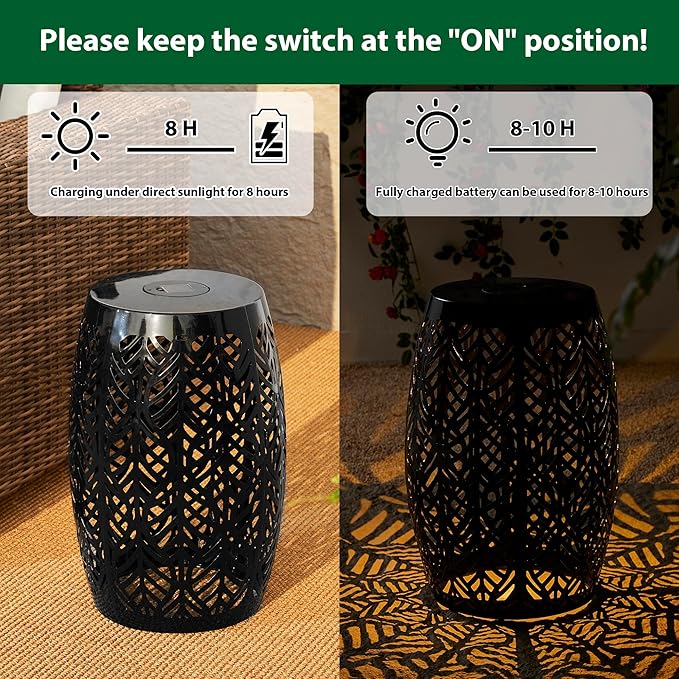 Glitzhome 18.25" H Outdoor Side Table with Leaf Pattern Solar Powered Light, Iron Cutout Drum Garden Stool Solar Decorative Lanterns, Metal End Table Plant Stand for Indoor Outdoor, Black