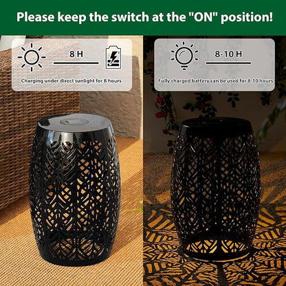Glitzhome 18.25" H Outdoor Side Table with Leaf Pattern Solar Powered Light, Iron Cutout Drum Garden Stool Solar Decorative Lanterns, Metal End Table Plant Stand for Indoor Outdoor, Black