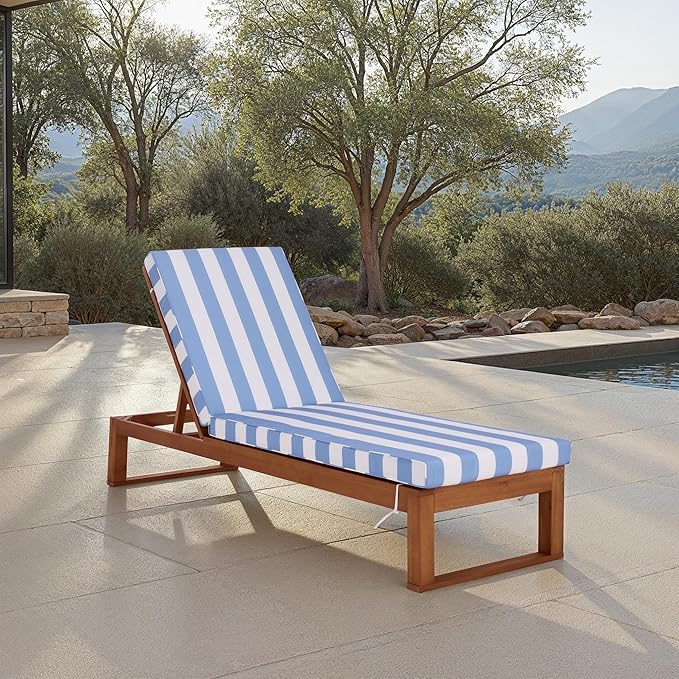SAFAVIEH Outdoor Patio Furniture Collection - Sophie Natural Brown Solid Wood Chaise Lounge Chair, Adjustable Reclining, Baby Blue Stripe Cushion (PAT7101U)