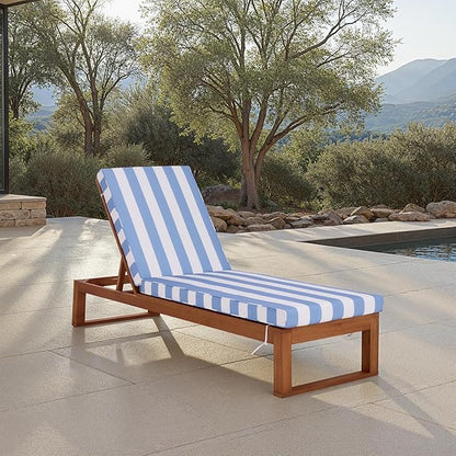 SAFAVIEH Outdoor Patio Furniture Collection - Sophie Natural Brown Solid Wood Chaise Lounge Chair, Adjustable Reclining, Baby Blue Stripe Cushion (PAT7101U)