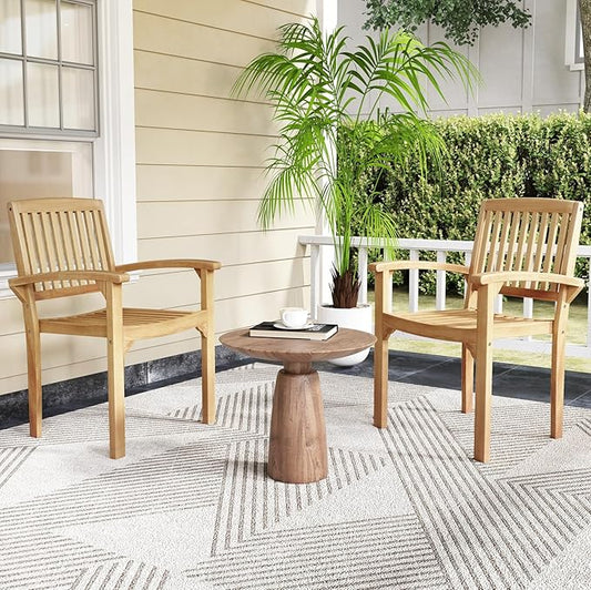 Tangkula Outdoor Patio Wood Dining Chair, Teak Wood Armchair with Slatted Seat & Curved Seat, Ergonomic Armrests, Solid Wooden Legs, for Balcony, Poolside, Porch, Yard (2)