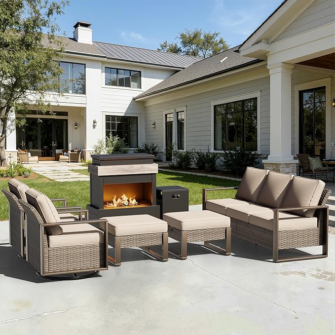 6 Pieces Metal Wicker Patio Furniture Set - 75" Sofa, Two Swivel Chairs and Two Ottomans - Photo 9