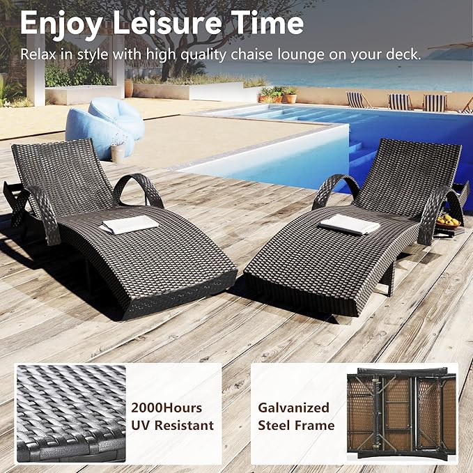 80'' Outdoor Wicker Chaise Lounge Chairs Set of 4, Patio Rattan Reclining Chair with Pull-Out Side Table - Photo 8