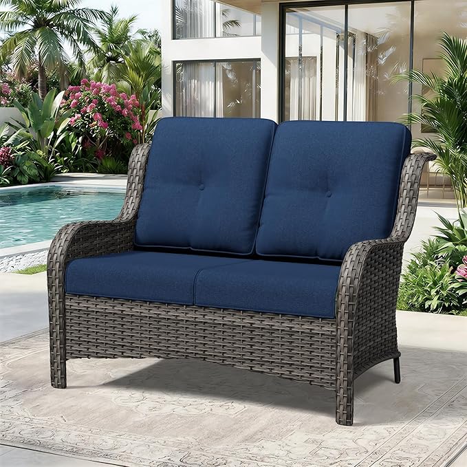 Wicker Patio Loveseat, 2 Seat Outdoor Couch with Thickened Olefin Cushions, High Back and Deep Seating - Photo 2