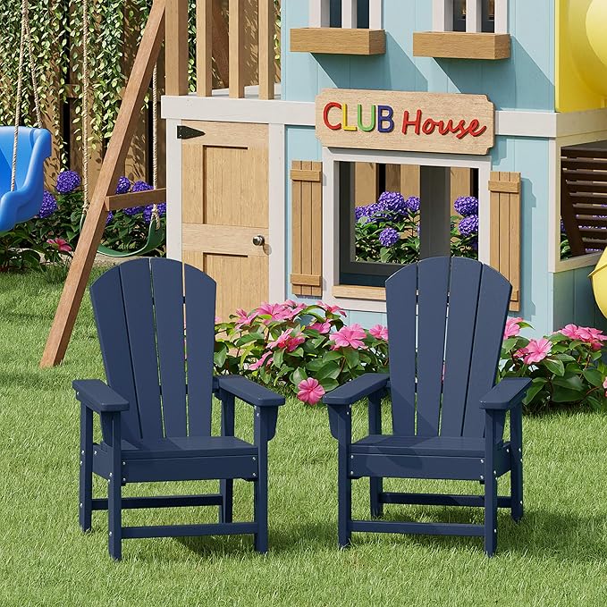 WestinTrends Malibu Kids Outdoor Adirondack Plastic Patio Chair (Set of 2), Navy Blue