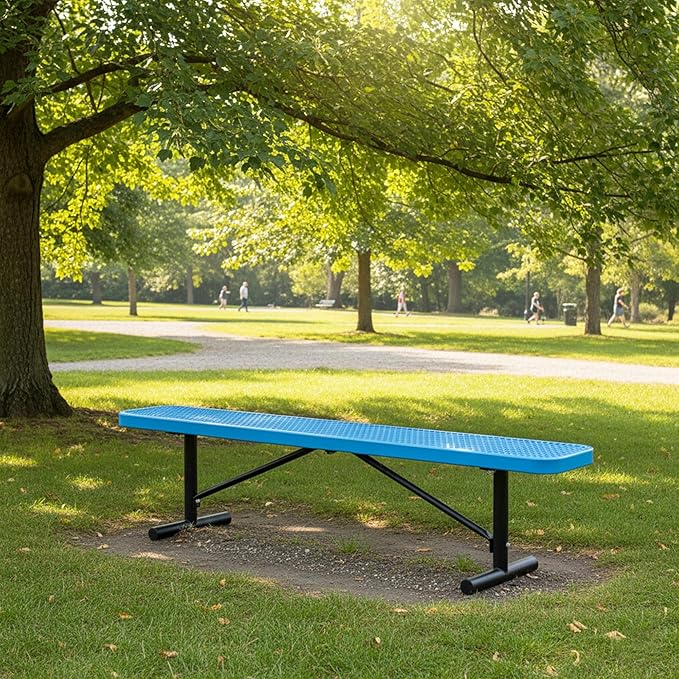8FT Metal Park Bench for Outside, All-Weather Thermoplastic Coating Outdoor Bench with Anchor, Commercial Heavy Duty Benches for Shopping Malls, Stores, Parks, Patios, Decks, Blue