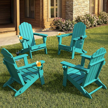 Adirondack Chairs Set of 4, Foldable Adirondack Chairs with 2 Cup Holder, Wood Texture HDPE Fire Pit Chairs, Outdoor Lawn Chair for Patio Garden, Lake Blue