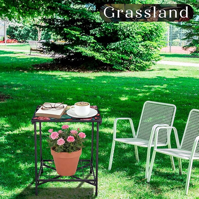 Outdoor Side Table 2-Tier Storage Square Small Mosaic Patio Accent Indoor End Plant Coffee Tea Table for Yard Patio Porch Garden Living Room, Bedroom(Hummingbird Style)