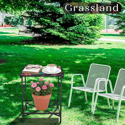 Outdoor Side Table 2-Tier Storage Square Small Mosaic Patio Accent Indoor End Plant Coffee Tea Table for Yard Patio Porch Garden Living Room, Bedroom(Hummingbird Style)