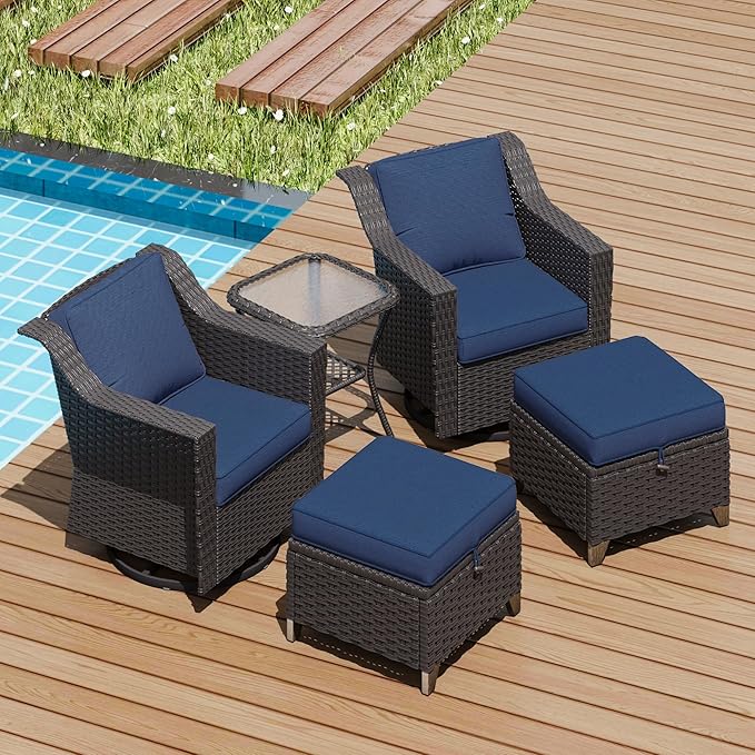 5 Pieces Patio Conversation Furniture Set - Swivel Chairs with Ottomans Set of 2, 1 Side Table - Photo 6