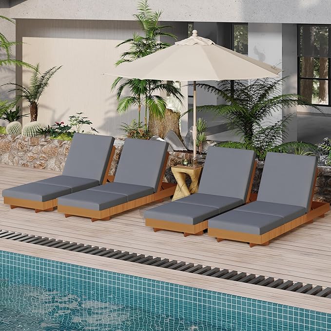 Merax 4-Piece Acacia Wood Chaise Lounge Set w/ 6-Position Adjustable Backrest & Cushion - Outdoor Patio Poolside Furniture, Grey