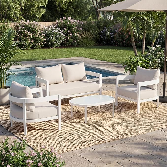 Merax 4 Piece Patio Outdoor Furniture Set, All-Weather Curved Aluminum Loveseat Sofa, 2 Armchairs w/Coushions - Photo 2