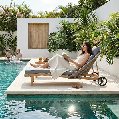 Patio Chaise Lounge Chairs, Oversized Lounge Chair Outdoor with Cushions, Patio Lounger Chairs with Wheels, All Weather Pool Chairs, Wicker Outdoor Chaise Lounge Chairs for Outside/Deck, Grey
