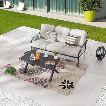 LOKATSE HOME Outdoor Patio Cushioned Loveseat 3 Seats Sofa Bench with Metal Coffee Table, Beige