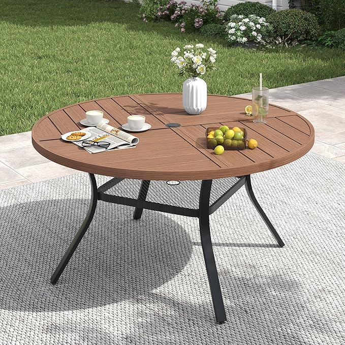 VICLLAX 47.2" Round Patio Table with Umbrella Hole, All Weather Metal Outdoor Dining Table for 6, Outside Table with Storage Shelf for Lawn Garden, Walnut Wood-Grain Finish