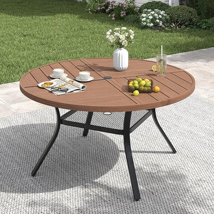 VICLLAX 47.2" Round Patio Table with Umbrella Hole, All Weather Metal Outdoor Dining Table for 6, Outside Table with Storage Shelf for Lawn Garden, Walnut Wood-Grain Finish