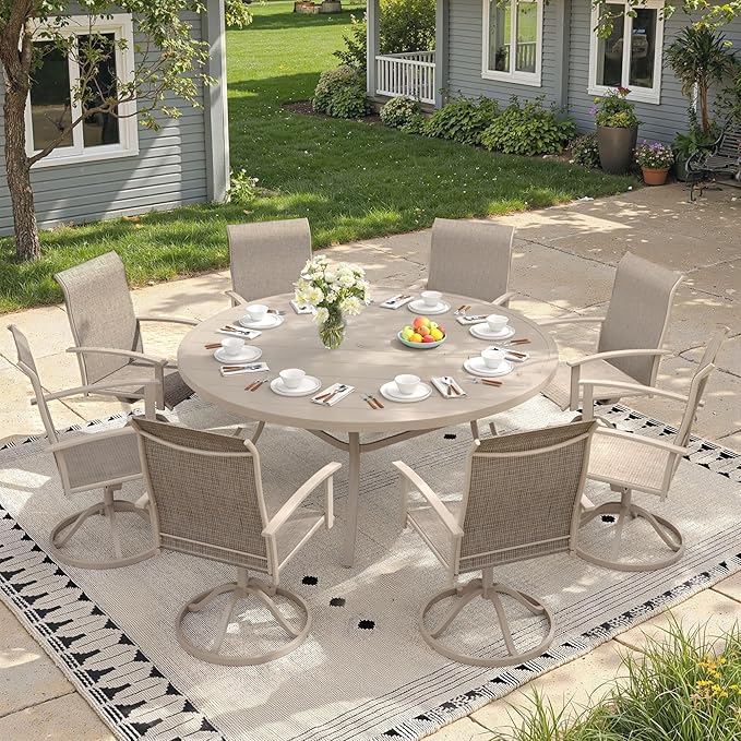 Outdoor Dining Table for 8, 60" Round Outdoor Table with Adjustable Umbrella Hole, All-Weather Metal Patio Dining Table for Lawn Garden Backyard Deck, Sandshell