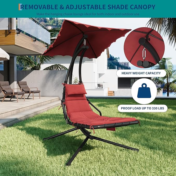 GarveeLife Chaise Lounger Swing Chair with Umbrella Canopy, Patio Hanging Chaise Lounger Chair with Stand - Photo 5