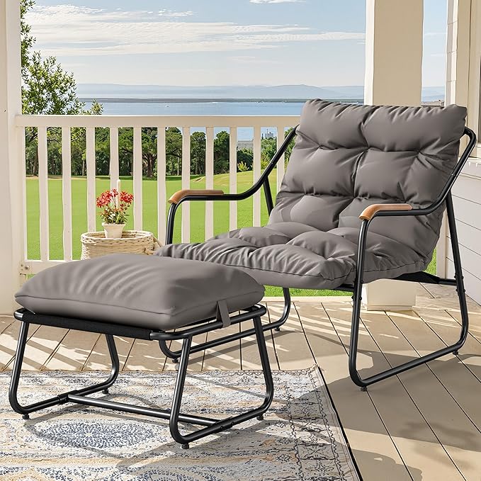 YITAHOME Patio Lounge Chair with Ottoman, Oversized Papasan Chair with Soft Cushion, Indoor/Outdoor Textilene Lounge with Teak Wood Handrail and Footstool for Living Room, Porch, Backyard or Garden