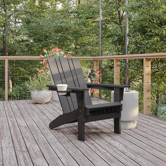 Flash Furniture Halifax Adirondack Chairs with Cup Holders, Weather Resistant Poly Resin Adirondack Chairs, Set of 4, Gray