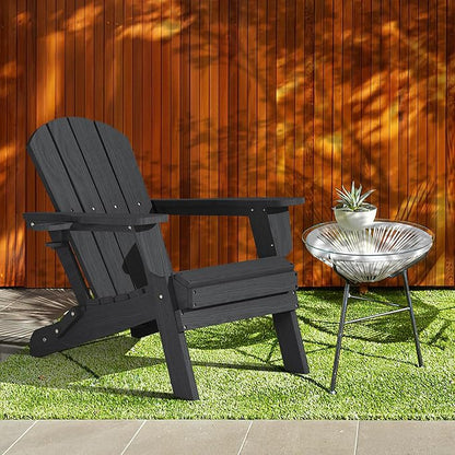 Folding Adirondack Chair with Cup Holder, HDPE All-Weather Folding Patio Chair, Outdoor Patio Adirondack Chair for Lawn Porch Garden Backyard Deck Fire Pit, Black