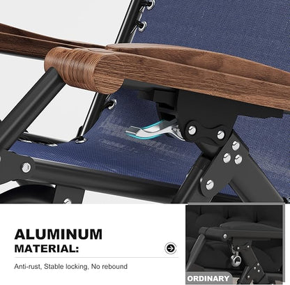 PURPLE LEAF Extra Wide Outdoor Reclining Chair Set of 2 Patio Zero Gravity Chaise Lounge Folding Chair with Removable Cushion Adjustable Headrest for Lawn Camping Beach Pool Navy Blue
