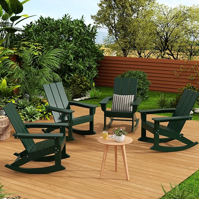 WestinTrends Ashore Patio Rocking Chair, All Weather Poly Lumber Plank Adirondack Rocker Chair, Modern Farmhouse Outdoor Rocking Chairs for Porch Garden Backyard and Indoor, Dark Green