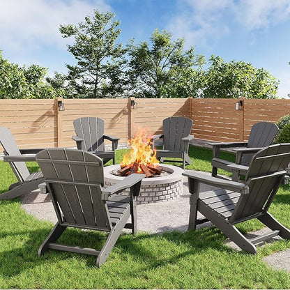 GarveeLife Modern HDPE Plastic Adirondack Chair Set of 6 - Oversize 380 LB Poly Lumber Weather Resistant Firepit Chair - Outdoor Patio Chairs with Wooden Textured for Deck, Pool, Porch - Grey