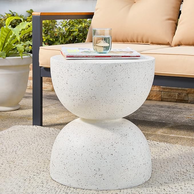 Glitzhome Outdoor Side Table, Round Accent End Table, Lightweight Hourglass Faux Terrazzo Decorative Garden Stool - Photo 8