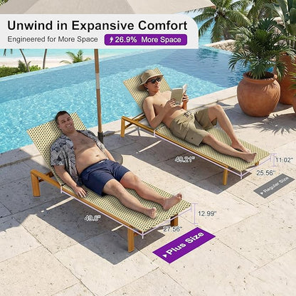 PURPLE LEAF Extra Wide Patio Chaise Lounge Set of 2 Outdoor Lounger French PE Rattan Lounge Chair with Reclining Adjustable Backrest for Pool Garden Beach and Backyard Beige and Green