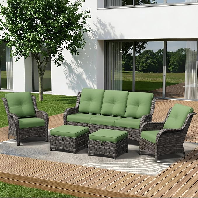 5 Piece Outdoor Wicker Patio Furniture Set, Patio Chairs Set with Thickened Olefin Cushions, High Back and Deep Seating - Photo 1