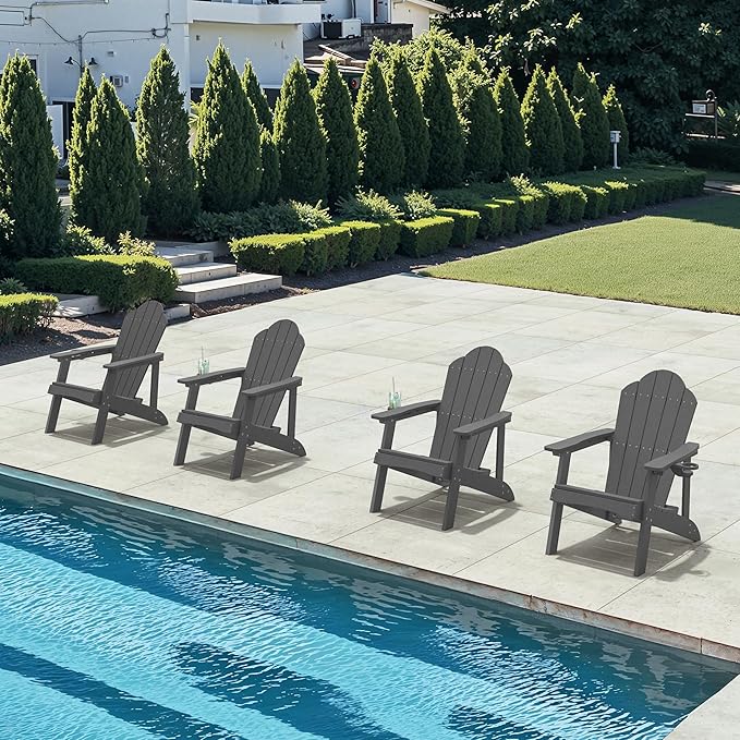 Matte HDPE Adirondack Chairs Set of 2, Weather Resistant Outdoor Seating with Hidden Cup Holder for Porch, Urban Patio, Deck & Fire Pit, Dark Gray