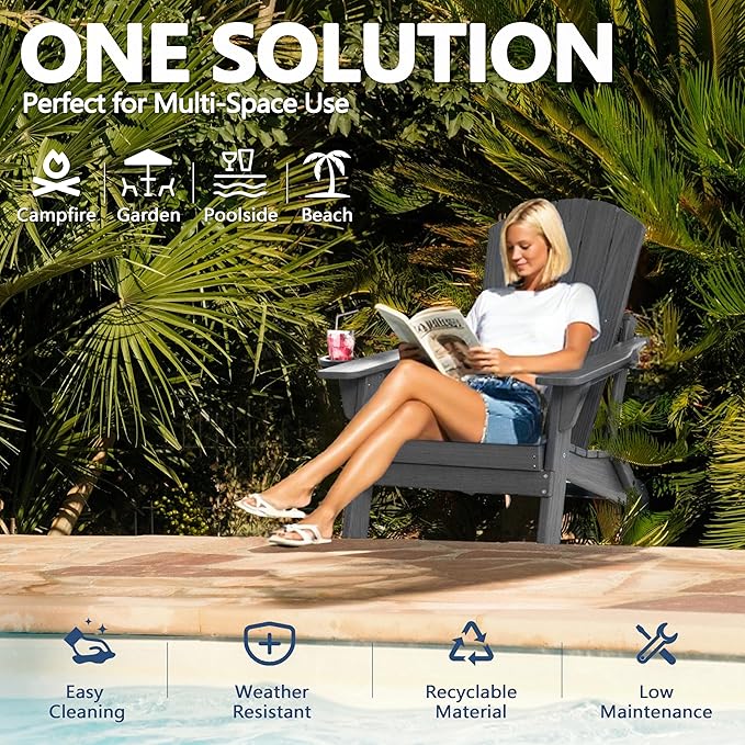 Folding Adirondack Chair Set of 2 with Cup Holders & Ottomans, HDPE All Weather Resistant Plastic Outdoor Patio Chairs - Photo 6