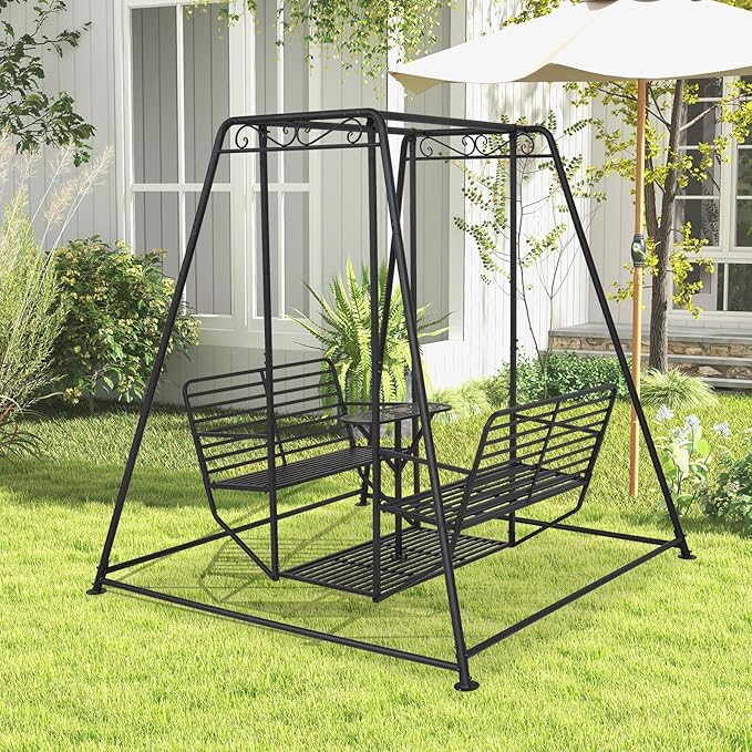 87”H Metal Swing Chair w/Table, Heavy Duty Outdoor Swing Bench with Stand, 4-Seat Swingsets for Patio Garden Yard, 880 LBS Weight Capacity, Easy Assembly, Black