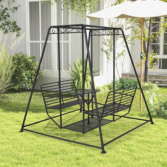 87”H Metal Swing Chair w/Table, Heavy Duty Outdoor Swing Bench with Stand, 4-Seat Swingsets for Patio Garden Yard, 880 LBS Weight Capacity, Easy Assembly, Black