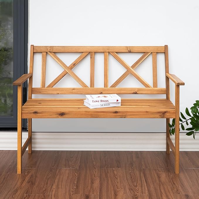 Outdoor Garden Bench Wood Bench in Natural Acacia Wood with Cross Back Design, Patio Dining Furniture for Front Porch, Patio, Lawn, Balcony, Yard, Porch, 47.2" x 24" x 35.4"