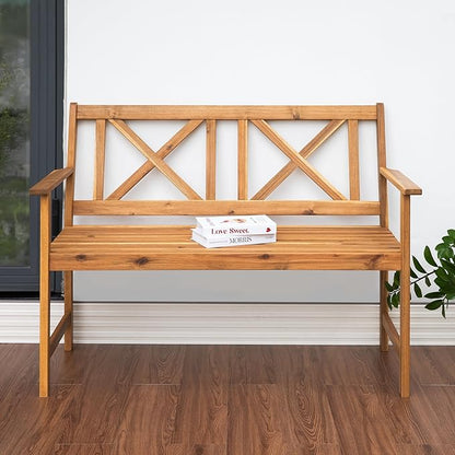 Outdoor Garden Bench Wood Bench in Natural Acacia Wood with Cross Back Design, Patio Dining Furniture for Front Porch, Patio, Lawn, Balcony, Yard, Porch, 47.2" x 24" x 35.4"
