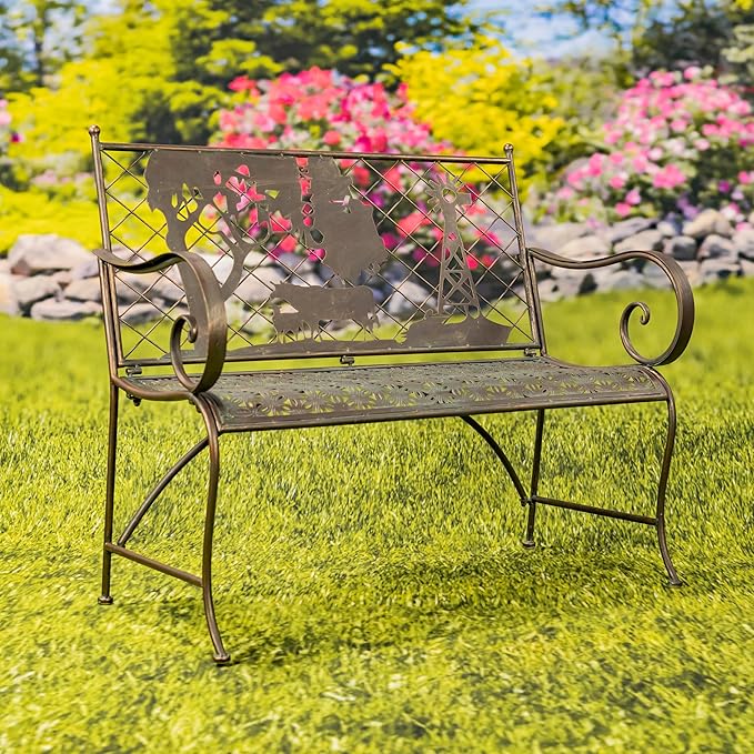 Classic Iron Garden Bench with Nature Scenery (Cow & Windmill Backrest in Bronze)