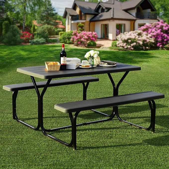 Giantex Picnic Bench Set Outdoor Camping All Weather Metal Base Wood-Like Texture Backyard Poolside Dining Party Garden - Photo 2