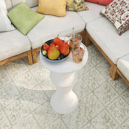 Indoor/Outdoor Side Table – 11” Round Concrete Pedestal Accent Table, Modern Minimalist Mid-Century Stone Side Table for Patio, Balcony, or Living Room, Spotted White