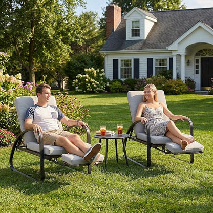 3 Piece Patio Furniture Set, Metal Patio Chairs with Fold Out Foot Rest, 5-Position Adjustable Patio Chaise Lounge Outdoor, Pool Lounges Chair Outdoor Recliners with Side Table for Deck, Grey