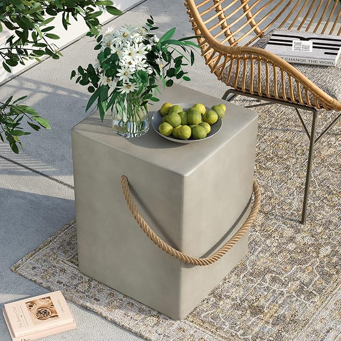 SUNBURY Concrete Side Table Set of 2, Outdoor Side Table for Patio, 18" H Outdoor Accent Table w Hemp Rope, Patio Side Table End Table in Medium Gray, Ceramic Side Table Garden Stool Log Table