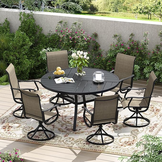 Patio Dining Table for 4-6, Round Metal Outdoor Table with Storage Shelf, 1.57" Umbrella Hole, 47" Outdoor Quartered Tabletop Dining Table for Backyard, Porch, Lawn, Black