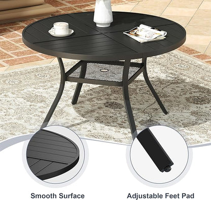VICLLAX 47.2" Round Patio Dining Table for 4-6, All Weather Metal Outdoor Table with 1.57" Umbrella Hole and Storage Shelf for Garden Lawn Deck, Black