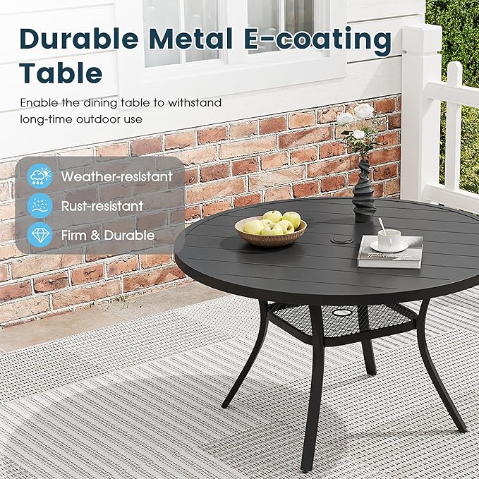 Patio Dining Table for 4, Round Metal Outdoor Table with Storage Shelf, 1.57" Umbrella Hole, 41" Outdoor Slat Tabletop Dining Table for Backyard, Porch, Lawn, Black