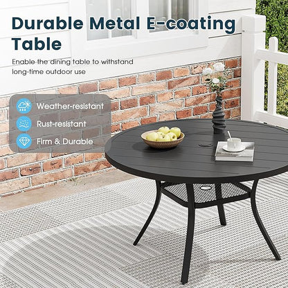Patio Dining Table for 4, Round Metal Outdoor Table with Storage Shelf, 1.57" Umbrella Hole, 41" Outdoor Slat Tabletop Dining Table for Backyard, Porch, Lawn, Black