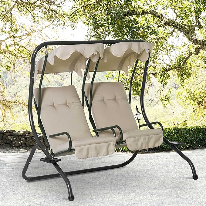 Outsunny Patio Swing Chair with 2 Separate Seats, Outdoor Swing Glider with Removable Canopy and Cup Holders, for Porch - Photo 2