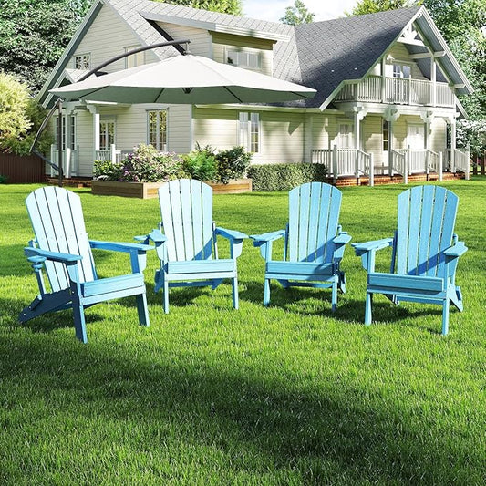 Folding Adirondack Chair Set of 4，Wooden Textured Fire Pit Chair with Cup Holder, Heavy All-Weather HDPE Plastic Outdoor Patio Chairs for Poolside Backyard Patio Outdoor Garden