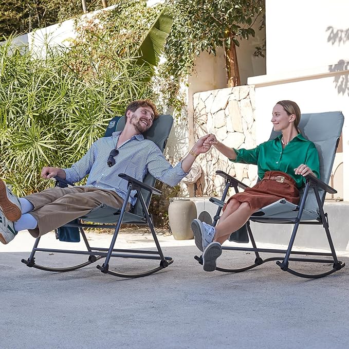 Timber Ridge Oversized Folding Rocking Camping Chair, Padded Outdoor Rocker with High Back, Portable Outdoor Chair for Patio, Garden, Lawn, Supports up to 400 lbs, Gray