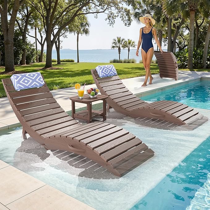 nalone Folding Pool Lounge Chairs Set of 2, HDPE Outdoor Pool Chaise Lounge with Pillow - Photo 1